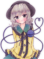 Rule 34 | 1girl, bad id, bad pixiv id, bebitera, blouse, blush, colored pencil (medium), contrapposto, frilled shirt, frills, green eyes, hands in opposite sleeves, hat, head tilt, heart, heart of string, highres, komeiji koishi, light purple hair, looking at viewer, millipen (medium), parted lips, shirt, short hair, simple background, skirt, solo, standing, tears, third eye, touhou, traditional media, upper body, white background, yellow shirt