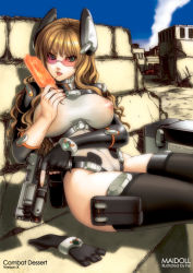 Rule 34 | 1girl, black thighhighs, blonde hair, breasts, brown hair, cleavage, covered erect nipples, fei (maidoll), food, glasses, goggles, green eyes, gun, handgun, large breasts, long hair, original, pistol, popsicle, see-through, solo, thighhighs, tongue, trigger discipline, weapon