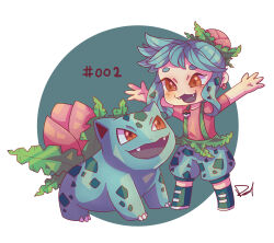 1girl :3 absurdres arms_up blue_hair chibi chibi_only commentary creature_and_personification creatures_(company) distracteddenden earrings english_commentary fangs full_body game_freak gen_1_pokemon highres ivysaur jewelry nintendo no_nose open_mouth personification pink_shirt poke_ball poke_ball_(basic) pokedex_number pokemon pokemon_(creature) red_eyes shirt short_sleeves shorts suspenders