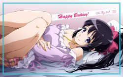 Rule 34 | 1girl, alternate costume, bare legs, bare shoulders, black hair, blush, bow, bra strap, breasts, casual, cleavage, closed mouth, crossed arms, dated, feet out of frame, frilled shirt, frills, from side, gradient background, hair bow, happy birthday, hibike! euphonium, highres, kousaka reina, legs up, long hair, looking at another, looking at viewer, looking to the side, medium breasts, miniskirt, nii manabu, off-shoulder shirt, off shoulder, pink bow, pink skirt, pleated skirt, ponytail, purple eyes, purple shirt, shirt, signature, skirt, smile, solo, tareme