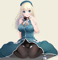 Rule 34 | 10s, 1girl, arm behind back, arm support, atago (kancolle), bare shoulders, beret, black pantyhose, blonde hair, blush, breasts, cream, dress, finger to mouth, gluteal fold, green eyes, green hat, green skirt, hat, highres, kantai collection, large breasts, licking, licking lips, lips, lipstick, long hair, long skirt, looking at viewer, makeup, military, military uniform, panties, panties under pantyhose, pantyhose, pink lips, shirt, simple background, sitting, skirt, skirt set, sleeveless, sleeveless shirt, smile, solo, tebi (tbd11), thigh gap, thighband pantyhose, tongue, tongue out, underwear, uniform, wariza, yellow background