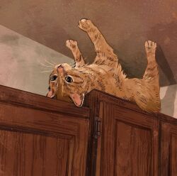 Rule 34 | artist name, cabinet, cat, catwheezie, ceiling, indoors, looking at viewer, lying, no humans, on back, original, upside-down, watermark