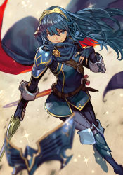 Rule 34 | 1girl, armor, blue eyes, blue gloves, blue hair, bodysuit, breastplate, cape, closed mouth, falchion (fire emblem), fingerless gloves, fire emblem, fire emblem awakening, floating hair, gloves, hair between eyes, hair ornament, hand on own chest, holding, holding sword, holding weapon, hungry clicker, lips, long hair, lucina (fire emblem), mask, unworn mask, multicolored cape, multicolored clothes, nintendo, red cape, ribbed sweater, sheath, shoulder armor, solo, sweater, sword, tiara, two-sided cape, two-sided fabric, weapon