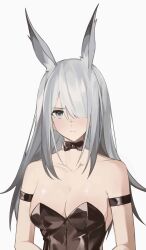 Rule 34 | 1girl, absurdres, animal ear fluff, animal ears, arknights, black bow, black bowtie, black leotard, bow, bowtie, breasts, cleavage, extra ears, frostnova (arknights), grey eyes, grey hair, hair over one eye, highres, leotard, long hair, looking at viewer, medium breasts, playboy bunny, quanx70909457, rabbit ears, rabbit girl, scar, scar on face, scar on nose, simple background, solo, strapless, strapless leotard, upper body, white background