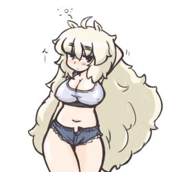 Rule 34 | 1girl, ahoge, alpaca-san, animal ears, arm behind head, arm up, big hair, blush, breasts, cleavage, covered erect nipples, cowboy shot, denim, denim shorts, expressionless, eyebrows, grey hair, jitome, large breasts, long hair, looking at viewer, midriff, navel, nekoyama, original, shirt, short shorts, shorts, simple background, solo, standing, tank top, taut clothes, taut shirt, thighs, unbuttoned, very long hair, white background