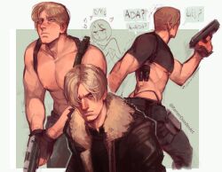 Rule 34 | 1boy, abs, ada wong, back, bara, black gloves, blush, brown hair, brown jacket, closed mouth, crop top, curtained hair, english text, fingerless gloves, gloves, gun, holding, holding gun, holding weapon, holster, jacket, knife sheath, large pectorals, leon s. kennedy, male focus, male underwear, muscular, muscular male, nipples, open clothes, open jacket, pectorals, ramendoodlesart, resident evil, resident evil 4, resident evil 4 (remake), sheath, short hair, shoulder holster, thong, topless male, twitter username, underwear, weapon