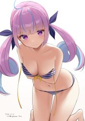 Rule 34 | 1girl, absurdres, ahoge, bare arms, bare legs, bare shoulders, barefoot, bikini, blue ribbon, blush, braid, breasts, cleavage, closed mouth, collarbone, commentary request, dated, front-tie bikini top, front-tie top, gradient background, grey background, hair ribbon, highres, hirota fruit, hololive, kneeling, leaning forward, long hair, looking at viewer, medium breasts, minato aqua, minato aqua (hololive summer 2019), multicolored hair, navel, purple eyes, purple hair, ribbon, solo, streaked hair, striped bikini, striped clothes, swimsuit, twintails, twitter username, two-tone hair, untied bikini, very long hair, virtual youtuber, white background