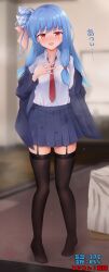 Rule 34 | 1girl, :d, absurdres, ameno sagiri (artist), bed, black thighhighs, blue bow, blue hair, blue jacket, blue skirt, blunt bangs, blurry, blurry background, blush, bow, breasts, commentary request, depth of field, diagonal-striped clothes, diagonal-striped necktie, dress shirt, furrowed brow, garter straps, hair bow, hair rings, hair tie, hand on own chest, highres, hot, indoors, jacket, kotonoha aoi, long hair, looking at viewer, low-tied sidelocks, medium breasts, necktie, no shoes, off-shoulder jacket, off shoulder, open clothes, open jacket, open mouth, pigeon-toed, pleated skirt, red bow, red eyes, red necktie, shirt, sidelocks, signature, skirt, smile, solo, standing, striped clothes, sweat, sweaty clothes, television, thighhighs, translation request, voiceroid, white shirt, yagasuri