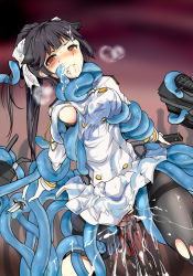 Rule 34 | arm grab, azur lane, black hair, blood, blunt bangs, blush, bow, grabbing another&#039;s breast, breasts, clothed sex, cum, cum in mouth, cum in pussy, defloration, gloves, grabbing, grimace, groping, hair bow, heavy breathing, highres, leg grab, long hair, medium breasts, mos yen, neck grab, orange eyes, pantyhose, ponytail, rape, restrained, skirt, sweat, sword, takao (azur lane), tears, tentacles, tentacles under clothes, torn clothes, torn legwear, uniform, vaginal, weapon