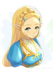 Rule 34 | 1girl, blonde hair, braid, closed mouth, cropped torso, crown braid, eyelashes, gold trim, green eyes, highres, light frown, long hair, nintendo, pointy ears, princess zelda, safermii, simple background, solo, the legend of zelda, the legend of zelda: breath of the wild, upper body, white background