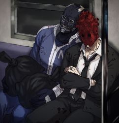 Rule 34 | 1boy, 1girl, absurdres, black jacket, black necktie, black pants, blood, blood on clothes, blue gloves, blue jacket, blue pants, blurry, clothes writing, collared shirt, crossed arms, depth of field, dorohedoro, formal, gloves, highres, jacket, jewelry, ki (mxxxx), leaning on person, leaning to the side, long sleeves, mask, necktie, noi (dorohedoro), pants, ring, shin (dorohedoro), shirt, sitting, sleeping, sleeping upright, stitched arm, stitched fingers, stitches, suit, track suit, train interior, trash bag, white shirt, window, zipper
