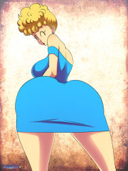 Rule 34 | 1girl, ^ ^, ass, bare shoulders, blonde hair, blue dress, closed eyes, dragon ball, dragonball z, dress, from behind, layerth, looking back, mature female, panchy, short dress
