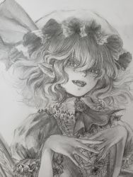 Rule 34 | 1girl, ascot, brooch, commentary request, fangs, greyscale, hands up, hat, hat ribbon, highres, jewelry, mob cap, monochrome, muha kakka, open mouth, pointy ears, remilia scarlet, ribbon, shirt, short hair, short sleeves, slit pupils, solo, touhou, traditional media, upper body