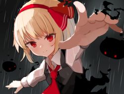 Rule 34 | 1girl, ascot, black dress, blonde hair, closed mouth, collared shirt, darkness, dress, hair ribbon, hairband, living shadow, outdoors, outstretched arms, pinafore dress, rain, red ascot, red eyes, red hairband, red ribbon, ribbon, rumia, shirt, short hair, sleeveless dress, smile, solarisu, solo, standing, touhou, upper body, white shirt