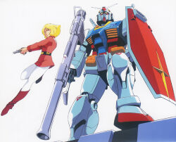 Rule 34 | 1970s (style), 1980s (style), 1girl, aiming, artist request, bazooka (gundam), blonde hair, boots, earth federation, emblem, gun, gundam, handgun, jumping, key visual, looking at viewer, looking to the side, mecha, military, military uniform, mobile suit, mobile suit gundam, official art, oldschool, promotional art, retro artstyle, robot, roundel, rx-78-2, sayla mass, scan, science fiction, shield, traditional media, uniform, v-fin, weapon, white background, zero gravity