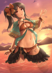 Rule 34 | 1girl, bikini, black hair, bow, breasts, capelet, cleavage, cleavage cutout, clothing cutout, commentary request, dark skin, dark-skinned female, hair bow, hair ribbon, highres, jewelry, kneeling, long hair, medium breasts, navel, open mouth, original, red eyes, ribbon, sasaame, side ponytail, solo, swimsuit, wading, water