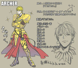 Rule 34 | 1boy, armor, blonde hair, character sheet, cosplay, crossed arms, fate/zero, fate (series), gilgamesh (fate), gilgamesh (fate) (cosplay), jewelry, kisaragi kokoro (hazuki), kise ryouta, kuroko no basuke, male focus, necklace, parody, partially colored, sketch, sparkle, translation request