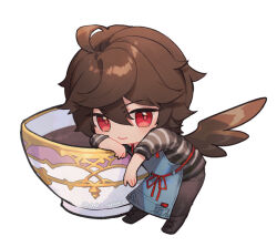 Rule 34 | 1boy, ahoge, apron, brown hair, brown wings, chibi, chibi only, coffee cup, commentary, commentary request, cup, disposable cup, endend (shinia), english commentary, feathered wings, granblue fantasy, hair between eyes, horizontal-striped clothes, leaning on object, light smile, looking at viewer, male focus, messy hair, mini person, miniboy, mixed-language commentary, red eyes, sandalphon (granblue fantasy), sandalphon (server of a sublime brew) (granblue fantasy), shirt, short hair, smile, solo focus, striped clothes, striped shirt, teacup, twitter username, wings