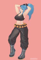 Rule 34 | 1girl, adjusting hair, armpits, arms behind head, arms up, artist name, bare shoulders, belt, black gloves, black pants, black tank top, blue eyes, blue hair, boots, breasts, combat boots, dog tags, full body, gas can, gloves, highres, jewelry, large breasts, leona heidern, long hair, midriff, muscular, muscular female, pants, ponytail, simple background, solo, sports bra, standing, tank top, the king of fighters, the king of fighters xiii, zukululuu