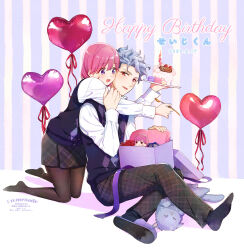 Rule 34 | 1boy, 1girl, argyle, argyle clothes, argyle sweater, balloon, birthday cake, black pantyhose, blush, cake, cat, collared shirt, dated, food, full body, grey hair, happy birthday, heart balloon, highres, holding, holding plate, hug, hug from behind, kneeling, krudears, long sleeves, no shoes, open mouth, pants, pantyhose, parted lips, pink hair, plaid, plaid pants, plaid skirt, plate, protagonist (tokimemo gs3), purple eyes, red eyes, shirt, shitara seiji, shoes, short hair, single shoe, skirt, slippers, smile, striped, striped background, sweater, sweater vest, tokimeki memorial, tokimeki memorial girl&#039;s side 3rd story, white shirt