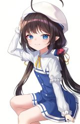 Rule 34 | 1girl, absurdres, ahoge, arm up, beret, black hair, blue dress, blue eyes, blush, closed mouth, commentary, dress, feet out of frame, frilled sleeves, frills, hat, highres, hinatsuru ai, huge filesize, layered sleeves, long hair, long sleeves, low twintails, loyo, pointy ears, puffy short sleeves, puffy sleeves, ryuuou no oshigoto!, school uniform, short over long sleeves, short sleeves, simple background, sleeves past wrists, solo, twintails, very long hair, white background, white hat