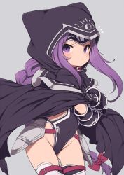 Rule 34 | 1girl, armor, black cape, black capelet, black gloves, black leotard, braid, cape, capelet, collar, commentary request, covered navel, fate/grand order, fate (series), gamuo, gloves, grey background, groin, highleg, highleg leotard, hood, leotard, long braid, long hair, medusa (fate), medusa (lancer) (fate), medusa (rider) (fate), ponytail, purple eyes, purple hair, rider, simple background, single braid, solo, thigh strap, thighhighs, very long hair, white thighhighs
