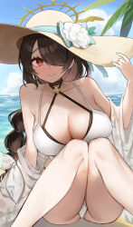 Rule 34 | absurdres, beach, black hair, blue archive, braid, breasts, cross, cross earrings, earrings, hair over one eye, halo, halterneck, hand on headwear, hat, highres, hinata (blue archive), hinata (swimsuit) (blue archive), jewelry, large breasts, leaning to the side, light smile, looking at viewer, omaru (0marufestival), one-piece swimsuit, red eyes, single braid, sitting, sun hat, swimsuit