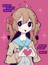 Rule 34 | 1girl, ahoge, akableak, black eyes, blue sailor collar, bright pupils, brown cardigan, brown hair, cardigan, commentary, english text, heart, heart hands, highres, indie virtual youtuber, live2d inc., long hair, long sleeves, looking at viewer, neuro-sama, open mouth, pink background, sailor collar, school uniform, serafuku, simple background, solo, sparkle, two side up, upper body, virtual youtuber, white pupils