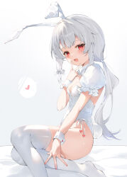 Rule 34 | 1girl, animal ears, backless leotard, blush, bow, breasts, cleavage, commentary, fake animal ears, fake tail, foot out of frame, frilled sleeves, frills, grey background, hair bow, hana mori, hand up, heart, highres, leotard, long hair, looking at viewer, low ponytail, no shoes, open mouth, original, playboy bunny, puffy short sleeves, puffy sleeves, rabbit ears, rabbit tail, red eyes, short sleeves, shrug (clothing), side-tie leotard, side ponytail, sidelocks, sitting, small breasts, smile, solo, speech bubble, spoken heart, tail, thighhighs, thighs, v, white bow, white hair, white leotard, white sleeves, white thighhighs, white wrist cuffs, wrist cuffs, yokozuwari