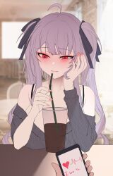 Rule 34 | 1girl, absurdres, ahoge, bare shoulders, black dress, black ribbon, blurry, blurry background, blush, breasts, cardiogram, cellphone, closed mouth, cup, day, dress, drink, drinking glass, drinking straw, hair ribbon, hand on own ear, heart, highres, holding, holding phone, indoors, large breasts, long hair, long sleeves, looking down, mole, mole under eye, original, phone, pov, pov hands, purple hair, red eyes, ribbed dress, ribbon, smartphone, solo focus, spaghetti strap, sunlight, table, zerocat