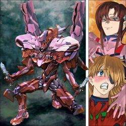 Rule 34 | 2girls, blonde hair, blue eyes, blush, brown hair, clenched teeth, covering privates, covering chest, embarrassed, evangelion: 3.0 you can (not) redo, eyepatch, female focus, gattai, german text, glasses, hands on another&#039;s chest, highres, igunuk, imminent rape, kneeling, knife, long hair, makinami mari illustrious, mecha, multiple girls, naughty face, neon genesis evangelion, parody, plugsuit, ranguage, rebuild of evangelion, riding, robot, scared, science fiction, smile, souryuu asuka langley, teeth, text focus, translated, you gonna get raped, yuri