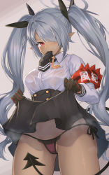 Rule 34 | 1girl, armband, black necktie, black panties, black ribbon, black skirt, blue archive, blush, clothes lift, collared shirt, commentary request, demon tail, dress shirt, grey hair, hair over one eye, hair ribbon, halo, high-waist skirt, highres, iori (blue archive), lifted by self, long hair, long sleeves, looking at viewer, mouth hold, necktie, necktie in mouth, oonaka ito, panties, pointy ears, red eyes, ribbon, see-through, shirt, side-tie panties, sidelocks, skirt, skirt lift, solo, tail, twintails, underwear, very long hair, wet, wet clothes, wet shirt, white shirt
