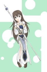 Rule 34 | 1girl, brown footwear, brown hair, detached sleeves, gensou suikoden, gensou suikoden v, green eyes, long hair, looking at viewer, lowres, open mouth, shoes, solo, staff, standing, viki, viki (suikoden)