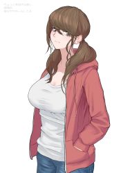 Rule 34 | 1girl, blue pants, breasts, brown eyes, brown hair, closed mouth, commentary request, cowboy shot, denim, hair between eyes, hair over shoulder, hand in pocket, highres, hood, hood down, hooded jacket, hyoshiki, jacket, jeans, large breasts, long hair, long sleeves, looking at viewer, open clothes, open jacket, original, pants, red jacket, shirt, simple background, solo, twintails, unzipped, white background, white shirt