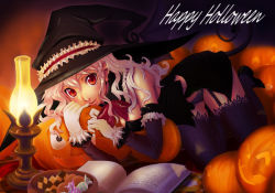 Rule 34 | 1girl, candy, checkerboard cookie, cookie, elbow gloves, food, gloves, h kamome, halloween, happy halloween, hat, jack-o&#039;-lantern, original, pumpkin, solo, thighhighs, typo, witch hat
