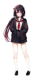 Rule 34 | 1girl, :/, absurdres, black footwear, black jacket, black sailor collar, black skirt, brown hair, buttons, closed mouth, commentary request, full body, gradient hair, hair flaps, hair ornament, hair scrunchie, hands in pockets, highres, invisible floor, jacket, legs, loafers, long hair, looking at viewer, low ponytail, miniskirt, multicolored hair, neckerchief, open clothes, open jacket, original, pleated skirt, purple eyes, red neckerchief, sailor collar, school uniform, scrunchie, serafuku, setsuna (miraichizu), shirt, shoes, sidelocks, simple background, skirt, socks, solo, tachi-e, thighs, unbuttoned, white background, white scrunchie, white shirt, white socks, zero (miraichizu)