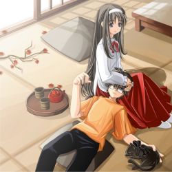 Rule 34 | 00s, 1boy, 1girl, bow, brother and sister, brown hair, cat, cup, glasses, hand on another&#039;s head, holding, holding own hair, indoors, lap pillow, len (cat), len (tsukihime), long hair, siblings, teacup, tohno akiha, tohno shiki, tray, tsukihime, very long hair