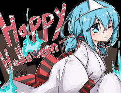 Rule 34 | 1girl, ;), black background, blue eyes, blue hair, blush, bow, closed mouth, english text, fire, fire, ghost costume, hair between eyes, halloween, highres, japanese clothes, kimono, lizi, long sleeves, looking at viewer, matching hair/eyes, miyuki (warship girls r), obi, one eye closed, outline, sash, short twintails, smile, solo, spirit, striped, striped bow, text focus, triangular headpiece, twintails, upper body, warship girls r, white outline, wide sleeves, yukata