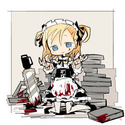 Rule 34 | 1girl, apron, bare shoulders, black dress, black footwear, black ribbon, blonde hair, blood, blood on clothes, blood on face, blood on hands, blood stain, bloody weapon, blue eyes, book, book stack, border, chainsaw, checkered floor, closed mouth, detached collar, detached sleeves, dress, frilled dress, frilled hairband, frilled sleeves, frills, full body, grey background, hair behind ear, hair between eyes, hair ribbon, hairband, hands up, head tilt, kneeling, layered dress, long sleeves, looking at viewer, maid, maid headdress, neck ribbon, no nose, open hands, original, outside border, parted bangs, ribbon, shoes, short dress, short hair, silhouette, smile, solo, tareme, two side up, underbust, waist apron, weapon, white apron, white border, white hairband, white legwear, wide sleeves, yandere, yukihi