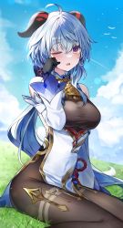 Rule 34 | 1girl, absurdres, ahoge, bell, bird, black gloves, blue hair, blue sky, blush, bodystocking, breasts, cloud, cowbell, day, detached sleeves, ganyu (genshin impact), genshin impact, gloves, goat horns, grass, highres, horns, large breasts, long hair, looking at viewer, moka 01, neck bell, one eye closed, open mouth, purple eyes, sitting, sky, solo, white sleeves