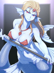 Rule 34 | 1girl, bare shoulders, bikini, bikini top only, blonde hair, blue skin, breasts, character request, cleavage, colored skin, final fantasy, final fantasy iii, fins, groin, head fins, highres, holding, holding polearm, holding weapon, kous (onetwojustice), long hair, looking at viewer, medium breasts, mermaid, monster girl, nail polish, navel, pink eyes, pink nails, polearm, solo, spear, strapless, strapless bikini, swimsuit, weapon