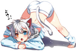 Rule 34 | 1boy, animal ears, blush, cat ears, cat tail, heterochromia, jack-o&#039; challenge, looking at viewer, male focus, open mouth, short shorts, shorts, solo, tail, top-down bottom-up, white hair