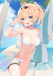Rule 34 | 1girl, absurdres, bare shoulders, bikini, bikini under clothes, blonde hair, blue eyes, blush, breasts, cleavage, commentary request, front-tie bikini top, front-tie top, hair between eyes, hair ornament, hairband, highres, hololive, jacket, kazama iroha, long hair, looking at viewer, medium breasts, navel, nyasunyadoora, off shoulder, open clothes, open jacket, open mouth, outdoors, ponytail, see-through, see-through jacket, short ponytail, smile, solo, stomach, swimsuit, thigh strap, virtual youtuber, white bikini