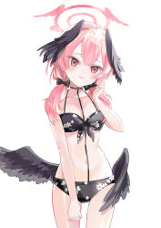 Rule 34 | 1girl, absurdres, bikini, black bikini, black bow, black wings, blue archive, bow, breasts, closed mouth, commentary request, cowboy shot, feathered wings, floral background, front-tie bikini top, front-tie top, hair bow, halo, hand up, head wings, higetsuji-nozomu, highres, koharu (blue archive), koharu (swimsuit) (blue archive), long hair, looking at viewer, low wings, pink eyes, pink hair, pink halo, print bikini, simple background, small breasts, solo, swimsuit, tattoo, twintails, white background, wings