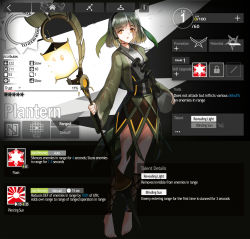 Rule 34 | 1girl, arknights, bandolier, barefoot, bob cut, dress, english text, fake screenshot, gameplay mechanics, glowing, glowing weapon, green dress, green eyes, green jacket, grey shirt, hair over one eye, headset, highres, holding, holding weapon, jacket, lantern, leaf, leaf on head, monster girl, orange eyes, personification, plant girl, plants vs zombies, pompmaker1, shirt, short hair, solo, staff, weapon