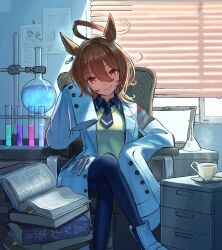 Rule 34 | 1girl, absurdres, agnes tachyon (umamusume), ahoge, black necktie, black pantyhose, black shirt, book, brown hair, chemical structure, collared shirt, cork, crossed legs, cup, earrings, empty eyes, flask, hair between eyes, highres, horse girl, jewelry, lab coat, looking at viewer, messy hair, necktie, pantyhose, red eyes, round-bottom flask, saucer, shirt, short hair, single earring, sitting, sleeves past fingers, sleeves past wrists, smile, solo, sweater, sweater vest, teacup, test tube, tokiwa png, umamusume, white footwear, yellow sweater