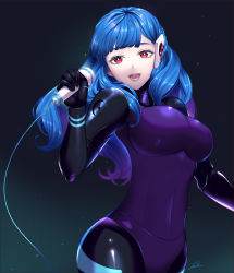 Rule 34 | 1girl, absurdres, android, black background, blue hair, breasts, cowboy shot, highres, holding, kira miki, large breasts, lipstick, long hair, looking at viewer, makeup, mechanical arms, microphone, open mouth, red eyes, rinno01, signature, smile, solo, va-11 hall-a