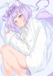 Rule 34 | 1girl, ahoge, animal ear fluff, animal ears, blush, breasts, cat ears, cat girl, cat tail, cleavage, earl grey no chaba, highres, hololive, large breasts, looking at viewer, lying, medium hair, naked shirt, nekomata okayu, nekomata okayu (oversized shirt), on side, purple eyes, purple hair, purple ribbon, ribbon, shirt, smile, solo, tail, virtual youtuber, white shirt