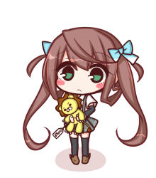 Rule 34 | 1girl, arm warmers, asagumo (kancolle), black thighhighs, blue bow, blush stickers, bow, brown footwear, brown hair, chibi, closed mouth, collared shirt, colored shadow, commentary request, full body, green eyes, grey skirt, hair between eyes, hair bow, hair rings, highres, holding, holding stuffed toy, kantai collection, komakoma (magicaltale), loafers, long hair, looking at viewer, pleated skirt, price tag, shadow, shirt, shoes, short sleeves, skirt, solo, standing, stuffed animal, stuffed lion, stuffed toy, suspender skirt, suspenders, thighhighs, twintails, very long hair, white background, white shirt