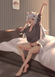 Rule 34 | 1girl, absurdres, animal ears, antenna hair, arknights, arm up, bare legs, barefoot, bed, black nails, black panties, black shirt, blanket, breasts, chinese commentary, cleavage, commentary request, drawing (object), full body, grey eyes, hair between eyes, hair ornament, hairclip, hand up, highres, indoors, lappland (arknights), long hair, looking at viewer, material growth, midriff, nail polish, no pants, one eye closed, oripathy lesion (arknights), panties, pillow, scar, scar across eye, scar on face, shadow, shirt, short sleeves, side-tie panties, silver hair, sitting, solo, stretching, striped, tail, thighs, underwear, v xiaoyang zi v, vertical stripes, wolf ears, wolf tail